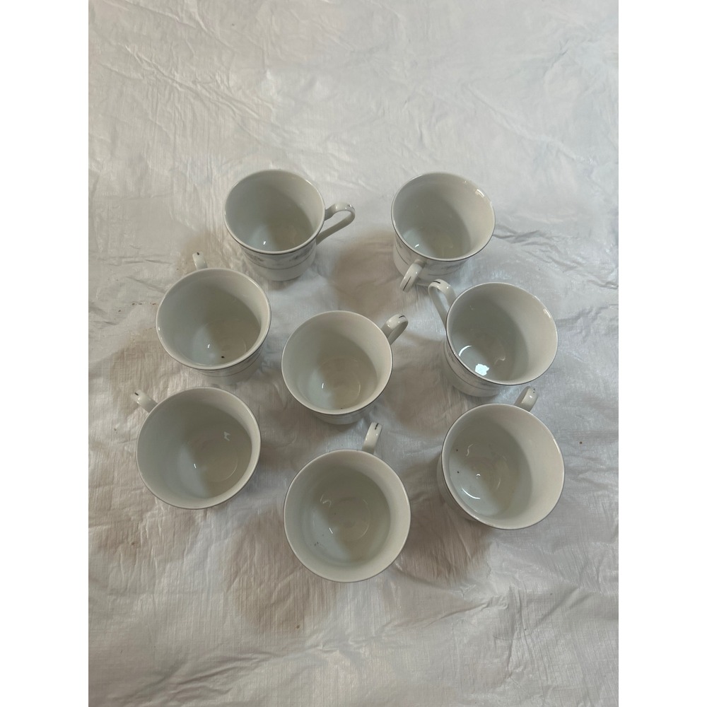 Set of 8 Fine China Teacups Floral Design Silver Rim